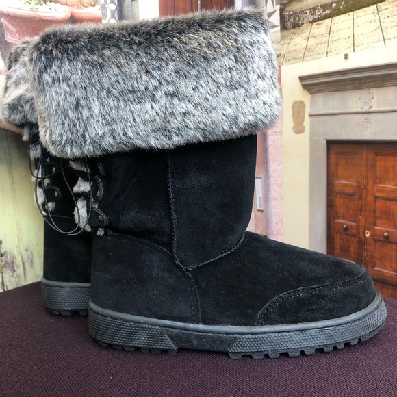Uggs Faux Fur Cuffed Allie Black Suede Laced Back - Picture 2 of 5
